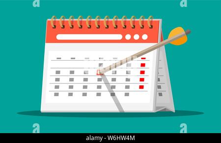 Papier Spirale Wandkalender und Bogen Pfeil. Kalender Flachbild-Symbol. Zeitplan, Termin, Veranstalter, Stundenerfassung, wichtiges Datum. Vector Illustration im flachen Stil Stock Vektor