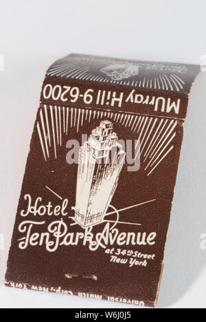 1930er Jahre souvenir streichholzbriefchen von Hotel 10 Park Avenue in New York City, USA Stockfoto