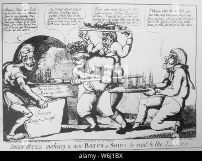 John Bull, eine neue Ladung von Schiffen zu den Seen zu senden. Nach macdonough's Sieg über die britische Flotte auf See Champlain, September 1814. Kopieren von Cartoon Stich von William Charles, 1814., Ca. 1900-1982; Allgemeine Hinweise: Verwenden Sie Krieg und Konflikt Nummer 88 bei der Bestellung eine Reproduktion oder Anforderung von Informationen zu diesem Bild. Stockfoto