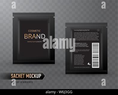 Vector realistische blank Paket, Einweg-Folie Beutel für Gesichtsmaske oder Shampoo, isoliert auf transparentem Hintergrund. Kosmetisches Produkt für die Gesichtspflege Stock Vektor