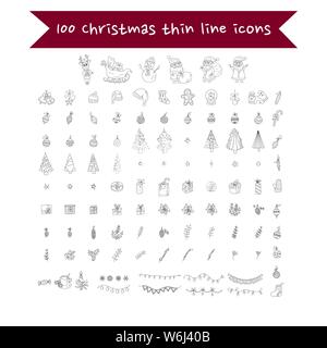 Big Christmas Icon Set. 100 Winter handdrawn Symbole. Vektor Logos, Embleme, Designs. Geeignet für Banner, Grußkarten, Geschenke etc. Stock Vektor