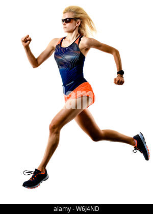Eine kaukasische schöne lange blonde Haare Frau runner Jogger jogging laufen Studio isoliert auf weißem Hintergrund Schuß Stockfoto