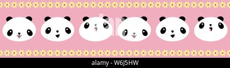 Niedliche Kawaii Stil glücklich Pandas Grenze mit gelben Blume Rand. Nahtlose geometrische Vektor-Muster auf rosa Hintergrund. Toll für Kinder, Schule Stock Vektor