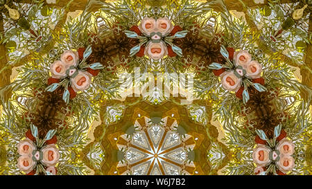 Panorama Rahmen rosa Blüten in eine kreisförmige Design mit grünen Blättern und gelborange Farbe. Geometrische Kaleidoskop Muster auf gespiegelten Achse der Symmetr Stockfoto