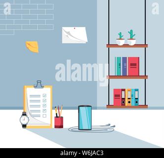 Checkliste mit Dokument und liefert Büro am Arbeitsplatz Vector Illustration Design Stock Vektor