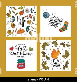 Herbst Karten mit Pinsel Schrift und Typografie. Satz von vier Grußkarten mit Handschrift Zitate und Abbildungen. Stock Vektor
