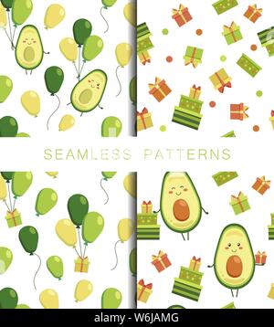 Sammlung von Vektor nahtlose Muster mit lächelnden avocado Helden, bunte Geschenke in Kartons und fliegende gelb grün Luftballons. Geschenkpapier, positive Stock Vektor