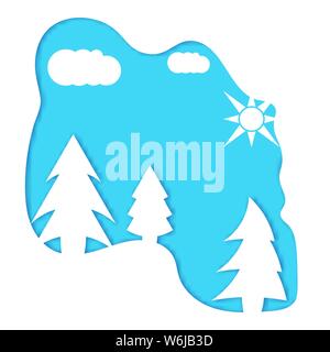 Vector Illustration. Papier Art Winterlandschaft mit Weihnachtsbäumen Stock Vektor