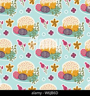 Nahtlose Feder vektor Muster. Nahtlose Feder vector Pattern mit Ostern Kuchen, Ostereier und Willow twigs. Stock Vektor