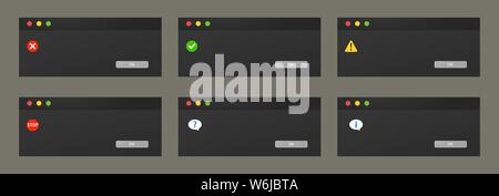 Eingestellt von Dialogfeldern popups in dunklen Thema einer Nacht Modus Stock Vektor