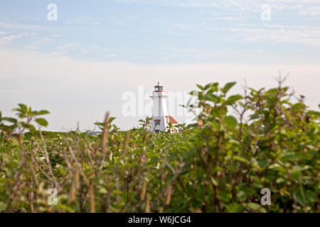 Juli 27, 2019 - French River, PEI: Blick über den Sommer Gras zum Leuchtturm in French River, Prince Edward Island Stockfoto