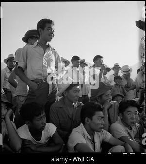 Manzanar Relocation Center, Manzanar, Kalifornien. Umsiedler japanischer Abstammung sind, genießen Sie eine Basis. . .; Umfang und Inhalt: Der vollständige Titel für dieses Foto lautet: manzanar Relocation Center, Manzanar, Kalifornien. Umsiedler japanischer Abstammung sind, genießen Sie ein Baseballspiel an diesem Krieg Relocation Authority center. 80 Teams haben bisher organisiert mit den meisten Spielen ist zwischen der Baracke Blöcken erfolgt. Stockfoto