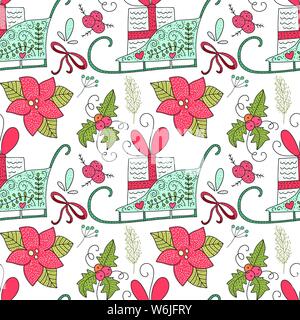 Weihnachten Vektor nahtlose Muster. Detaillierte urlaub Illustrationen mit Schlitten und Weihnachtsstern Blumen auf einem weißen Hintergrund. Stock Vektor