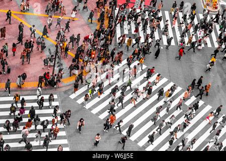 Shibuya Crossing, Massen an der Kreuzung, viele Fußgänger überqueren Zebrastreifen, Shibuya, Udagawacho, Tokio, Japan Stockfoto