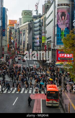 Kreuzung von oben, Menschenmassen überqueren Zebrastreifen an der Kreuzung, Bunkamura-Dori, Shibuya, Udagawacho, Tokio, Japan Stockfoto