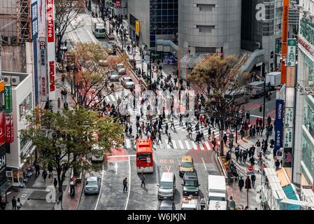 Kreuzung von oben, Menschenmassen überqueren Zebrastreifen an der Kreuzung, Bunkamura-Dori, Shibuya, Udagawacho, Tokio, Japan Stockfoto