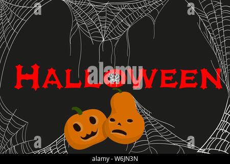 Einladung zur Halloween Party mit dem Schnitzen Kürbis und Spinnweben. Vektor Cartoon Illustration. Stock Vektor