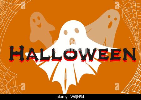 Einladung zur Halloween Party mit Gespenstern und Spinnweben. Vektor Cartoon Illustration. Stock Vektor