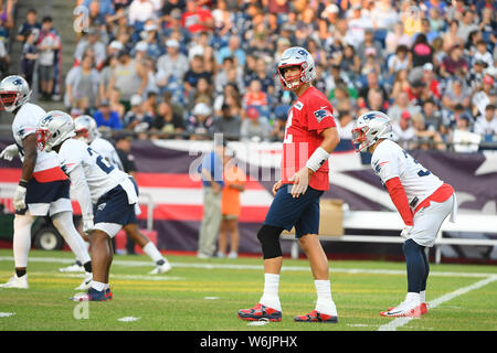 Foxborough, Massachusetts, USA. 29. Juli, 2019. New England Patriots Quarterback Tom Brady (12) an die New England Patriots Trainingslager am Gillette Stadium statt, in Foxborough, Massachusetts. Eric Canha/CSM/Alamy leben Nachrichten Stockfoto