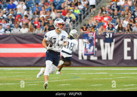 Foxborough, Massachusetts, USA. 29. Juli, 2019. New England Patriots wide receiver Braxton Berrios (14) an der New England Patriots Trainingslager statt am Gillette Stadium, in Foxborough, Massachusetts. Eric Canha/CSM/Alamy leben Nachrichten Stockfoto