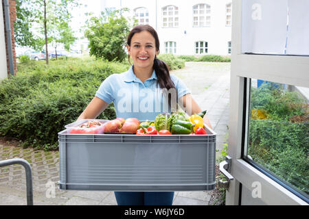 Porträt der jungen Frau mit Lebensmittelgeschäft Warenkorb außerhalb des Hauses Stockfoto