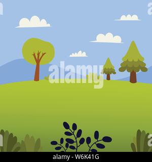 Natur Landschaft mit Gras, Bäume, Hügel und Berge. Wiese und Himmel Hintergrund in flacher Ausführung. Sommer grünes Feld Vektor. Stock Vektor