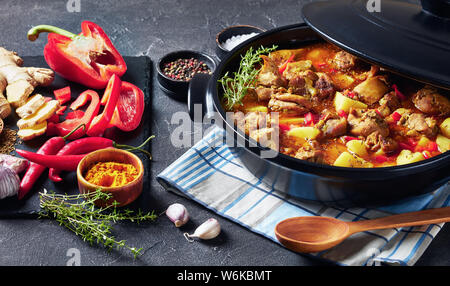 Huhn ohne Knochen Oberschenkel curry mit Kartoffel, Paprika, Gewürze in einem schwarzen Pan, karibische Küche, horizontale Ansicht von oben, close-up Stockfoto