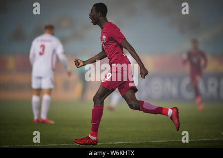 Zainelabdeen almoez Ali Abdulla von Katar feiert Nachdem Sie gegen Palästina in den Viertelfinalegleichen während der 2018 AFC U-23 Meisterschaft in Stockfoto