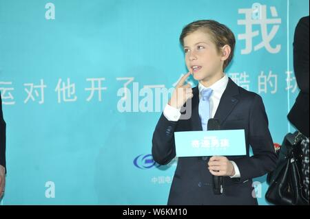 Kanadische Schauspieler Jacob Tremblay nimmt an einer Pressekonferenz seinen neuen Film 'Wunder' zu fördern, in Peking, China, 14. Januar 2018. Stockfoto