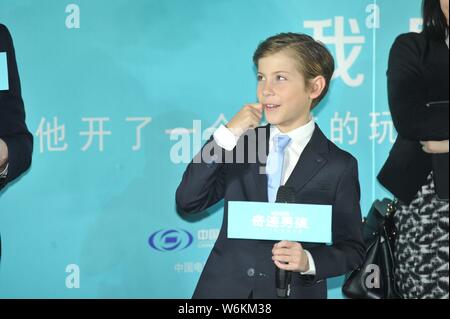 Kanadische Schauspieler Jacob Tremblay nimmt an einer Pressekonferenz seinen neuen Film 'Wunder' zu fördern, in Peking, China, 14. Januar 2018. Stockfoto