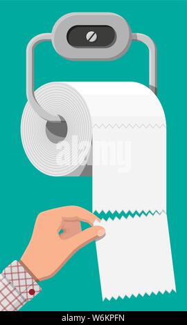 Weiß Rolle Toilettenpapier auf Halter. Hank Papier für die Toilette. Vector Illustration im flachen Stil Stock Vektor