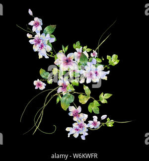 Aquarell von Blättern und Blumen auf schwarzem Hintergrund Stockfoto