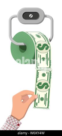 Hank Klopapier dollar Geld. Abfall Abfall Investitionen. Verlieren oder Geld zu vergeuden, Mehrausgaben, Konkurs oder Krise. Vector Illustration im flachen Stil Stock Vektor