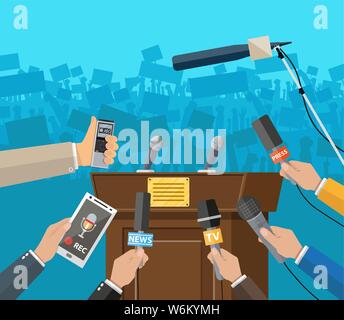 Rostrum, Tribüne und die Hände von Journalisten mit Mikrofonen und digitale Diktiergeräte. Pressekonferenz Konzept, News, Medien, Journalismus. Vector Illustration im flachen Stil Stock Vektor