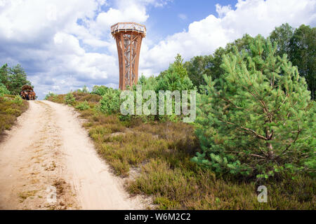 17 Juli 2019, Brandenburg, Pfalzheim: Der Sielmann Turm steht auf dem Gelände der Sielmann's Naturlandschaft Kyritz-Ruppiner Heide. Der Aussichtsturm in der Heide, gekleidet in Lärchenholz, ist schon von weitem als markanten Punkt und Orientierung für Wanderer auf dem Gelände der ehemaligen bombodrome gesehen werden. Der Truppenübungsplatz, die die Sowjetunion nach dem Zweiten Weltkrieg umfasst insgesamt rund 12700 Hektar und mit seinen vielen seltenen Tieren und Pflanzen, ist von besonderer Bedeutung für den Naturschutz in Deutschland heute. Die nationalen Naturerbes sind gepflegt und entwickelt von Stockfoto