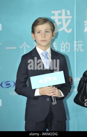 Kanadische Schauspieler Jacob Tremblay nimmt an einer Pressekonferenz seinen neuen Film 'Wunder' zu fördern, in Peking, China, 14. Januar 2018. Stockfoto