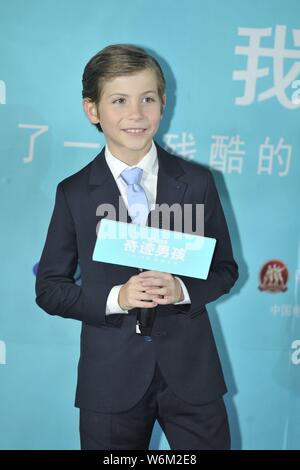 Kanadische Schauspieler Jacob Tremblay nimmt an einer Pressekonferenz seinen neuen Film 'Wunder' zu fördern, in Peking, China, 14. Januar 2018. Stockfoto