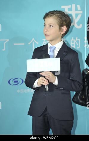 Kanadische Schauspieler Jacob Tremblay nimmt an einer Pressekonferenz seinen neuen Film 'Wunder' zu fördern, in Peking, China, 14. Januar 2018. Stockfoto