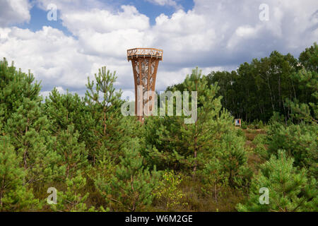 17 Juli 2019, Brandenburg, Pfalzheim: Der Sielmann Turm steht auf dem Gelände der Sielmann's Naturlandschaft Kyritz-Ruppiner Heide. Der Aussichtsturm in der Heide, gekleidet in Lärchenholz, ist schon von weitem als markanten Punkt und Orientierung für Wanderer auf dem Gelände der ehemaligen bombodrome gesehen werden. Der Truppenübungsplatz wurde durch die Sowjetunion nach dem Zweiten Weltkrieg gegründet und umfasst insgesamt über 12700 Hektar. Heute, mit seinen vielen seltenen Pflanzen und Tieren, besonders wichtig ist es für den Naturschutz in Deutschland. Die nationalen Naturerbe werden beibehalten und Dev Stockfoto