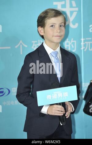 Kanadische Schauspieler Jacob Tremblay nimmt an einer Pressekonferenz seinen neuen Film 'Wunder' zu fördern, in Peking, China, 14. Januar 2018. Stockfoto