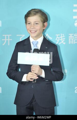 Kanadische Schauspieler Jacob Tremblay nimmt an einer Pressekonferenz seinen neuen Film 'Wunder' zu fördern, in Peking, China, 14. Januar 2018. Stockfoto