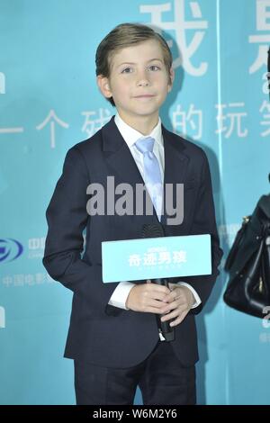 Kanadische Schauspieler Jacob Tremblay nimmt an einer Pressekonferenz seinen neuen Film 'Wunder' zu fördern, in Peking, China, 14. Januar 2018. Stockfoto