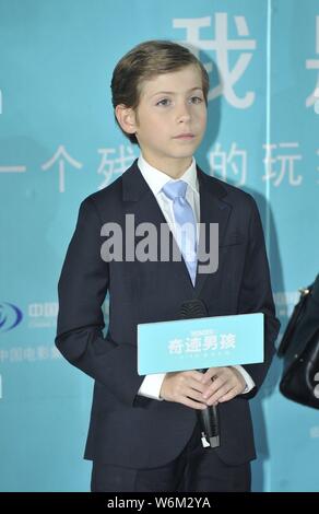 Kanadische Schauspieler Jacob Tremblay nimmt an einer Pressekonferenz seinen neuen Film 'Wunder' zu fördern, in Peking, China, 14. Januar 2018. Stockfoto