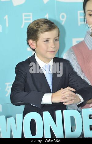 Kanadische Schauspieler Jacob Tremblay nimmt an einer Pressekonferenz seinen neuen Film 'Wunder' zu fördern, in Peking, China, 14. Januar 2018. Stockfoto
