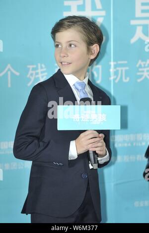 Kanadische Schauspieler Jacob Tremblay nimmt an einer Pressekonferenz seinen neuen Film 'Wunder' zu fördern, in Peking, China, 14. Januar 2018. Stockfoto