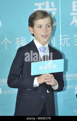 Kanadische Schauspieler Jacob Tremblay nimmt an einer Pressekonferenz seinen neuen Film 'Wunder' zu fördern, in Peking, China, 14. Januar 2018. Stockfoto