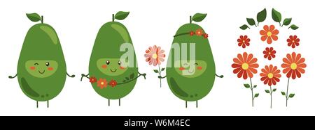 Vector Illustration. Eingestellt von Cartoon lächelnd avocado Helden mit leuchtend roten Blüten isoliert auf Weiss. Positive Früchte Charakter mit Blumenkranz Stock Vektor