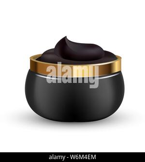 Holzkohle entgiftende Maske in kosmetischen Glas mit Elementen enthalten. Realistische schwarze kosmetische Creme. 3d-Illustration. Stock Vektor