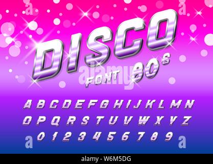 Disco font für Plakate. Comic retro Alphabet. Vintage futuristische 80er Schrift, bearbeitbar und geschichtet. Vektor moderne Chrom Buchstaben im Pop Art Stil Stock Vektor