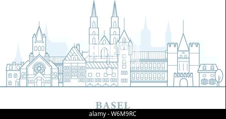 Basel Skyline, Schweiz - Altstadt Umrisse, Stadt-Panorama mit Wahrzeichen von Basel Stock Vektor